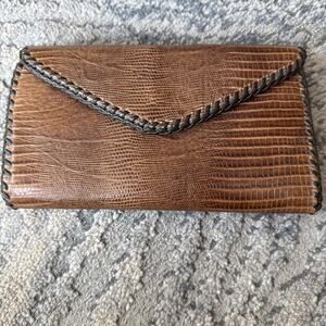 Handmade Brow Faux Snakeskin Genuine Leather Whipstitch Wallet Snap Closure